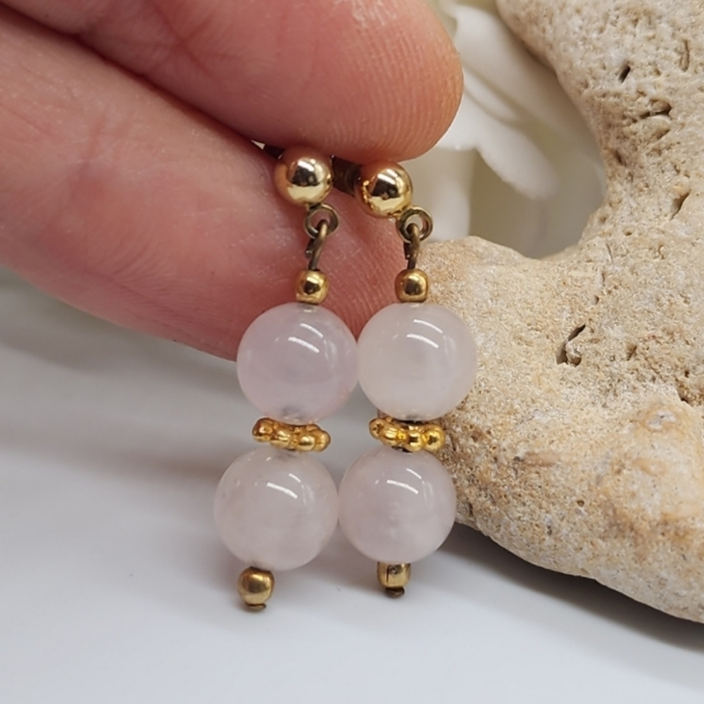 Natural Roze Quartz Stones vintage Minimalist Gold Studs Lightweight Earrings - Picture 5 of 6